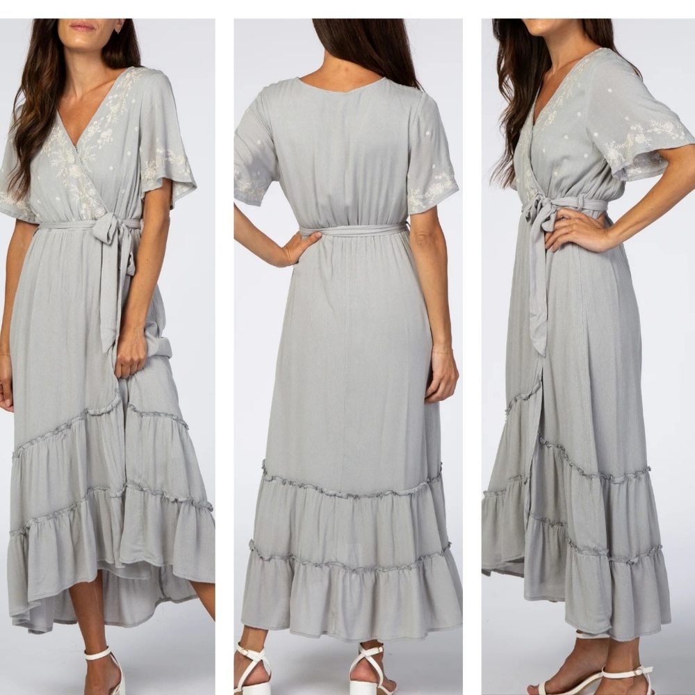 NWT Baltic Born Macey embroidered midi dress dusty blue gray ruffled tiered XL